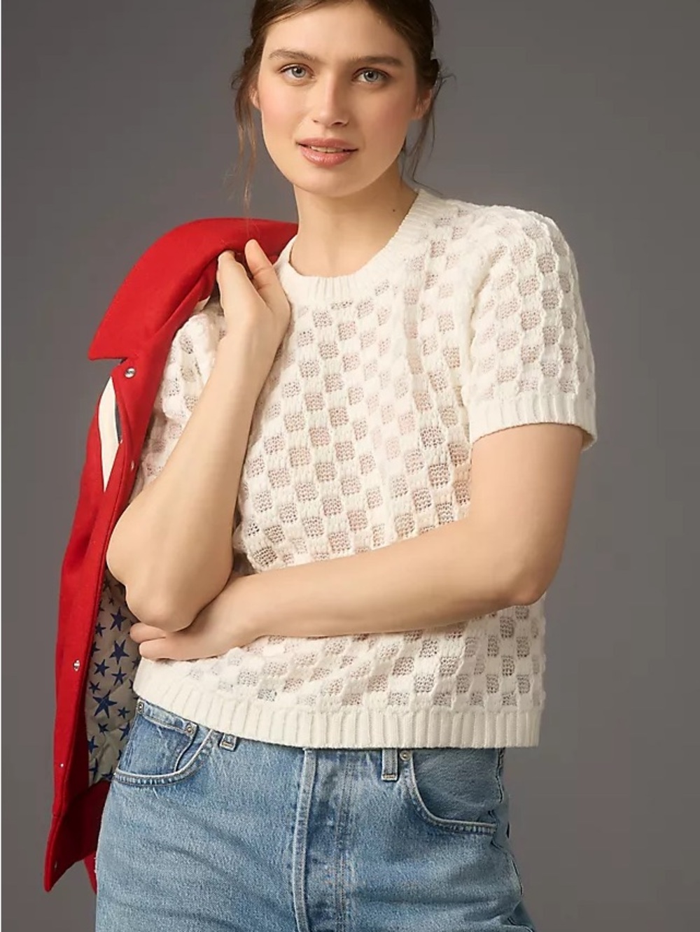 Anthropologie Crew Neck Short Sleeve Textured Sweater Top Size XL